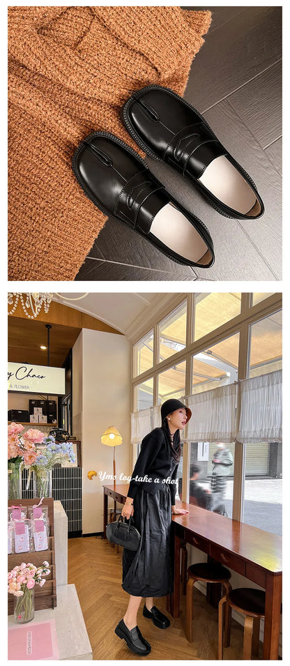 Spring And Autumn British Split Toe Loafers Loafers Trotter Vintage Leather Shoes Slip-on Platform Shoes