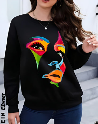 Ladies' Round Neck Face Printed Casual Fashion Hoodie